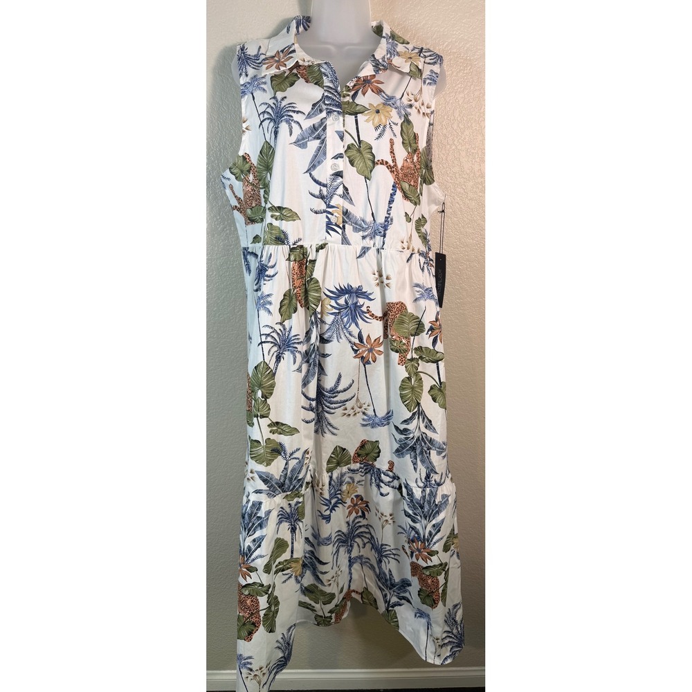 Rachel Zoe XL Maxi Dress White Tropical Leopard Print Tiered Sleeveless NEW
